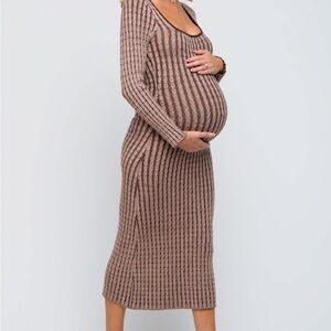 Elegant Brown Knit Maternity Midi Dress